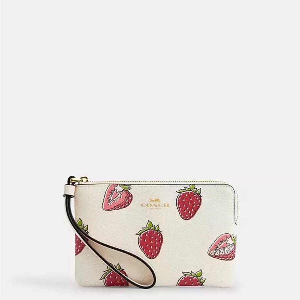 Coach White Strawberry Print Leather Wristlet with Pink Accents